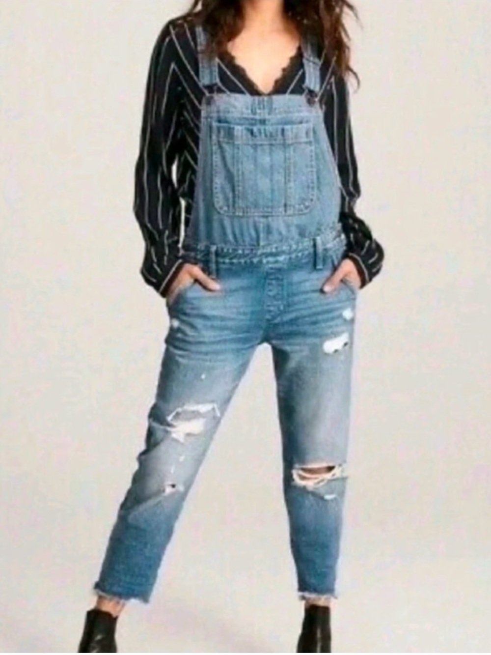 Abercrombie & Fitch Light Blue Distressed Women's Denim Overalls